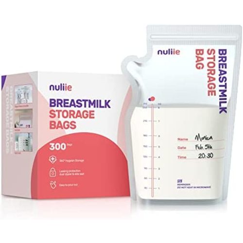 Nuliie 300 Pcs Breastmilk Storage Bags, 8 OZ Breast Milk Storing Bags, BPA Free, Milk Storage Bags with Pour Spout for Breastfeeding, Self-Standing Bag, Space Saving Flat Profile