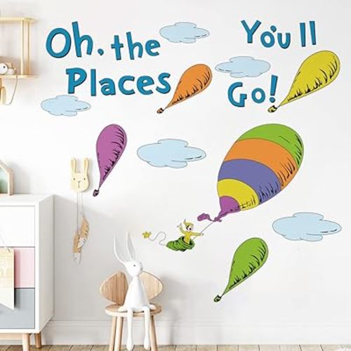 Runtoo Oh The Places You'll Go Wall Art Decal Inspirational Quotes Hot Air Balloon Wall Stickers Kids Reading Room Playroom Bedroom Wall Decor