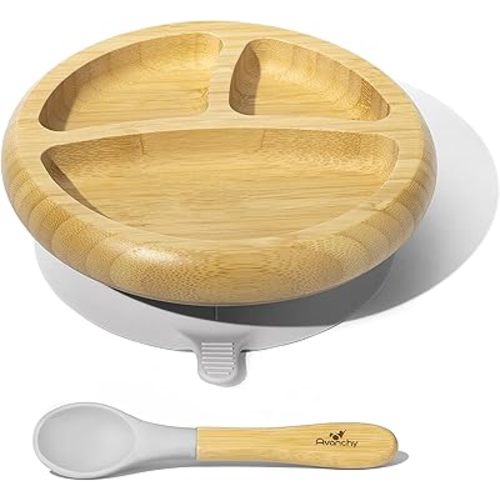 Avanchy Baby Plates Divided Bamboo with Suction for Babies Kids Toddler Food with Silicone Spoon for Feeding (Gray)