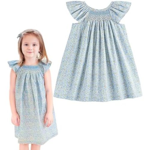 Simplee kids Baby Girls Casual Dress Toddler Smocking Dress Floral Print Sundress for Spring Summer 1-6 Years
