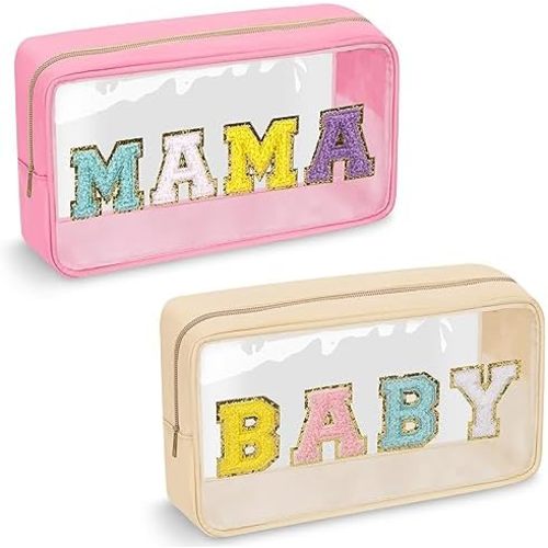2 Pcs Chenille Letter Clear Makeup Bag Mama Baby Pouch, Mama Baby Hospital Duffle Bag Pink Clear Diaper Bag Organizing Pouches with Zipper, Travel Baby Toiletry Bag Nylon Cosmetic for Women(MAMA+BABY)
