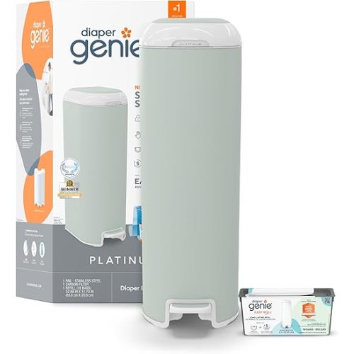 Diaper Genie Platinum Pail (Sage Green) is Made in Durable Stainless Steel and Includes 1 Easy Roll Refill with 18 Bags That can Last up to 5 Months.