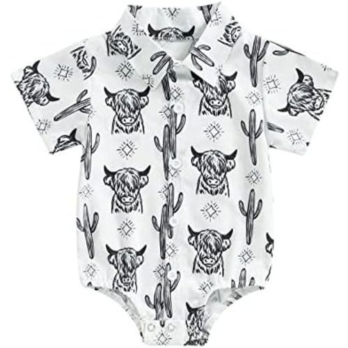 Karuedoo Western Baby Boy Clothes Cow Print Shirt Romper Infant Short Sleeve Button Down Bodysuit One Piece Gentleman Outfit