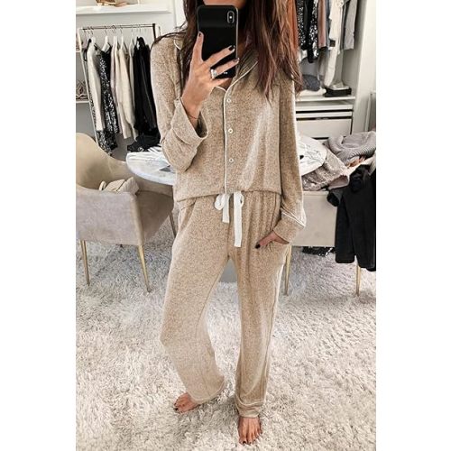 Aamikast Women's Pajama Sets Long Sleeve Button Down Sleepwear Nightwear Soft Pjs Lounge Sets