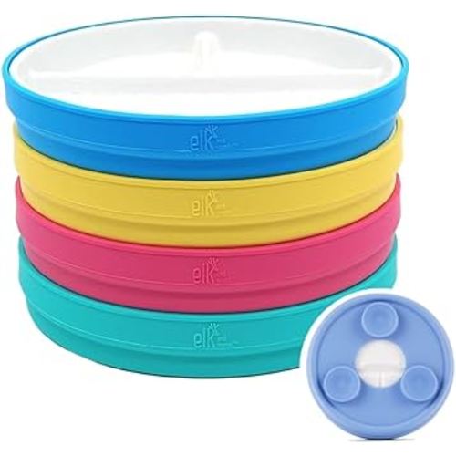 Elk and Friends Kids 6.7” Porcelain White Plates with Silicone Suction Sleeves Sleeves | Divided Plates | Suitable for Babie/Kids/Toddlers | Microwave & Dishwasher Safe | Non Slip | Snack Dishes