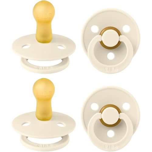 BIBS Colour Pacifier 4-Pack, BPA Free Dummy Pacifier, Round Nipple. Natural Rubber Latex, Made in Denmark, Size 2 (6-18 Months), Ivory