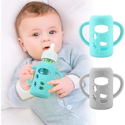 2 Pack Silicone Sleeves for Dr. Brown's Glass Baby Bottles, Anti Breakage Durable Baby Bottle Holder with Easy Grip Handles, Narrow Sleeve with a Cutout, Dishwasher/Freezer/Microwave Safe, 4 oz