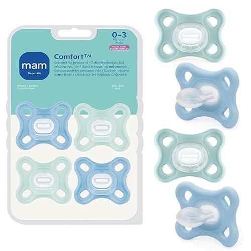 MAM Comfort Baby Pacifier 0-3 Months, Specially for Smaller Newborn Mouths, Lightweight One-Piece BPA-Free Silicone, Easy to Clean, Best for Breastfed Babies, 4 Pk, Made in Europe