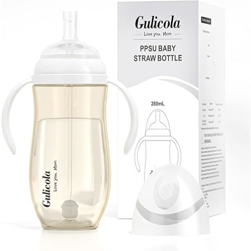 Baby Bottle with Straw, Weighted Straw Sippy Cup with Handle, BPA Free PPSU, 6 Months Plus, 9 oz - Clear