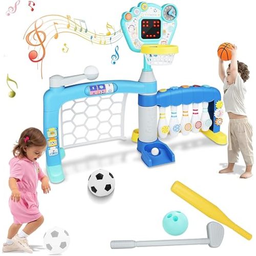 Toddler Basketball Hoop with Adjustable Height, 5 in 1 Toddler Sports Activity Center, Basketball Bowling Baseball Soccer Golf Set, Indoor Outdoor Sports Toy for Baby Birthday Present