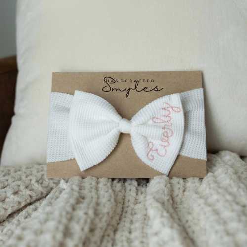Monogram Baby Bow Headband: Embroidered Name, Soft Waffle Knit