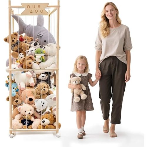 Stuffed Animal Storage Zoo with Wheels, Wooden Large Stuff Animals Plushies Holder, 22.5" D x 22.5" W x 64" H Toy Organizer Storage Cage with Elastic Band and Net for Nursery Playroom Bedroom