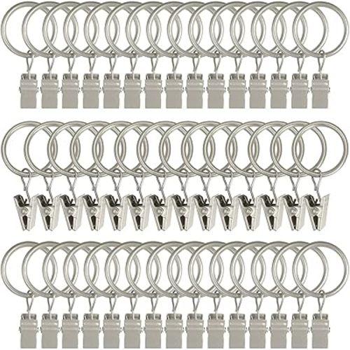 AMZSEVEN 44 Pack Metal Curtain Rings with Clips, Drapery Clips with Rings, Drapes Rings 1 in I D, Fits Diameter 6/8 in Curtain Rod, Matte Silver