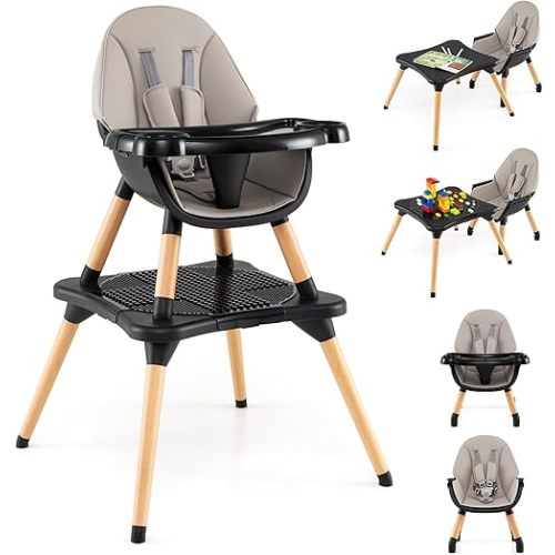 HONEY JOY Baby High Chair, 6-in-1 Convertible Wooden Highchair for Babies and Toddlers/Table Set/Toddler Chair with Safety Harness, 4-Position Removable Feeding Tray (Black)