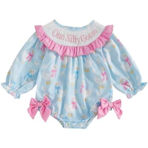 Baby Girl Fall Clothes One Silly Goose Smocked Bubble Romper Long Sleeve Onesie Newborn Infant Farm Goose Outfit