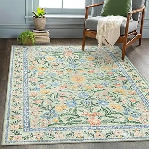 Wonnitar Boho Living Room Area Rug, Washable Rug 5x7 Non Slip, Dining Room Rugs for Under Table, Sage Green Floral Non Shedding Area Rugs for Bedroom Dining Room Dorm