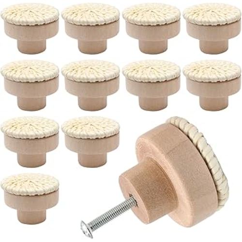 12 Pcs White Boho Rattan Dresser Knobs, Wooden Drawer Knobs Decorative Cabinet Knobs, Cupboard Handles Wood Drawer Pulls for Kitchen Bathroom Furniture Closet