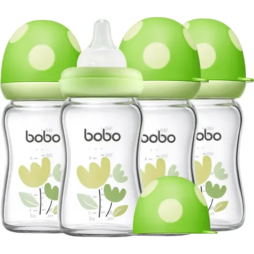 YOHKOH Natural Glass Baby Bottle with Natural Response Nipple, Newborn Anti-Colic Baby Bottles, Wide Neck Mushroom Cap Baby Bottle, Clear (Green, (5.4oz (Pack of 4))