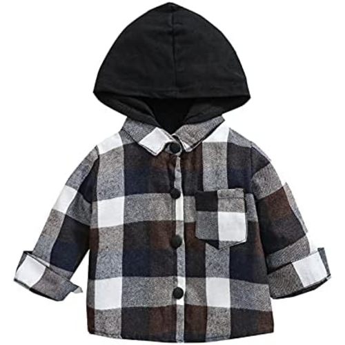 Kids Little Boys Girls Baby Long Sleeve Button Down Hooded Plaid Shirt Red Plaid Flannel Outfits
