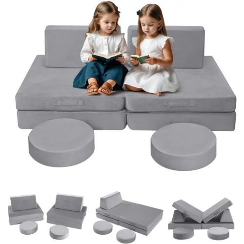 MeMoreCool Kids Couch for Playroom, Modular Kids Sofa Couch for Classroom, Baby Couch Explorer Set, Convertible Toddler Play Foam Couch, Grey - Medium