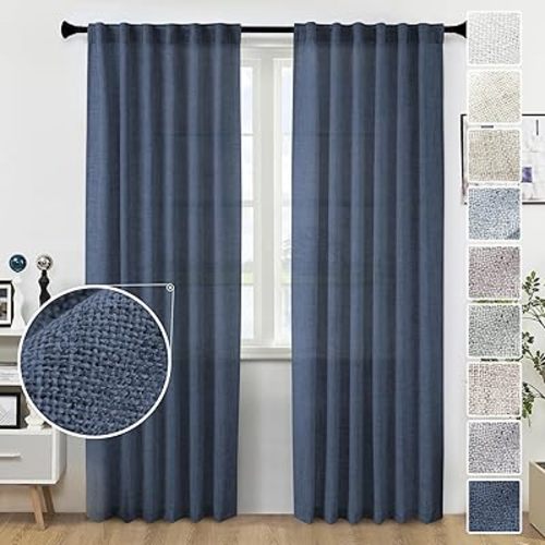 Navy Blue Curtains 84 Inch Length for Living Room Back Tab Pocket Dark Blue Linen Curtain Panels Semi Sheer Light Reducing Window Drapes for Boys Room/Bedroom Farmhouse 7 Feet Tall, 2 Panels