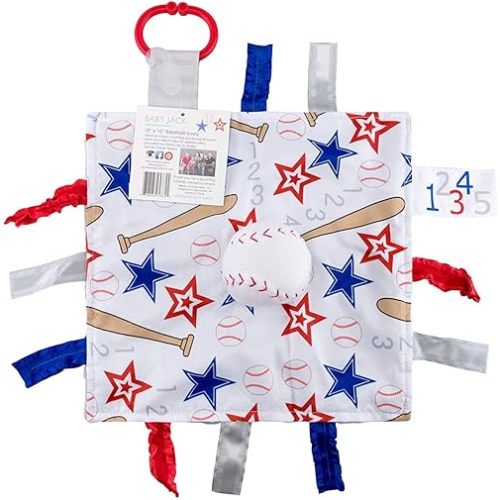 Baby Jack & Co. Sensory, Educational & Closed Ribbon Tag Lovey Blanket with Security Plush: 10"X10" (Baseball)