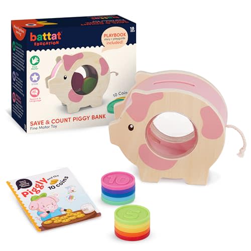 Battat Education – Wooden Piggy Bank for Kids – Educational Pig Toy – Developmental Playset – Fine Motor Skills – 18 Months + – Save & Count Piggy Bank