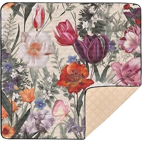 Vintage Floral Baby Play Mat for Floor 50" X 50" Foldable Waterproof Non-Slip Playmat for Baby Playpen Quilted Crawling Mats Game Rug
