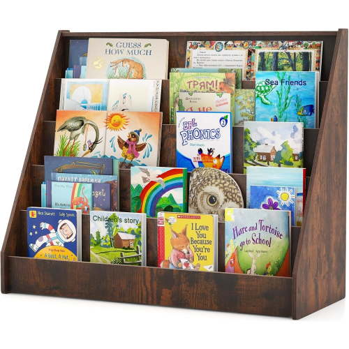 VividVibes 5-Tier Kids Bookshelf, Wooden Children Bookcase, Toddler Book Rack, Magazine Storage & Display Shelf, Book Shelf for Kids Room, Living Room, Nursery, Classroom (Brown)