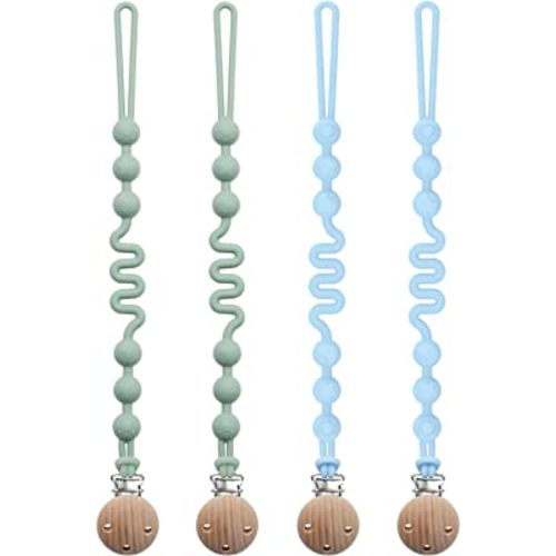Silicone Pacifier Clip with Adjustable Spring, 4 Pack Pacifier Holder Clips for Baby Boys and Girls, Seposeve Soft Flexible Pacifier Leashes with 3 Textures, One-Piece Design, 2 Green + 2 Blue