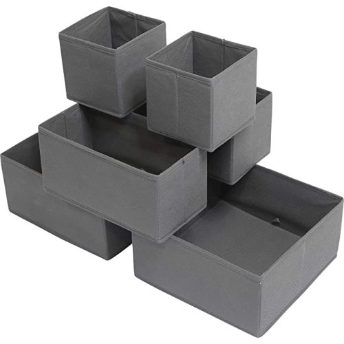Simple Houseware Foldable Cloth Storage Box Closet Dresser Drawer Divider Organizer Basket Bins for Underwear Bras, Dark Grey (Set of 6) - 2L / 2M / 2S