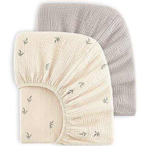 Bearmoss Muslin Crib Sheets 100% Cotton Baby Crib Sheets Fitted for Standard Crib Mattress & Toddler Bed Mattress 52"x28" Soft Breathable Crib Sheet Neutral for Boys Girls - 2 Pack(Cute Bud)