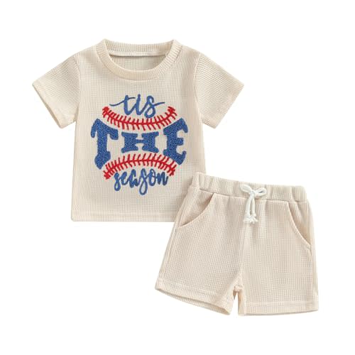 Blotona Embroidery Baby Boy Clothes Summer Short Sleeve Little Dude Print T-Shirt Tops Shorts Set Waffle Knit Outfit