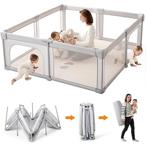 Baby Playpen,Foldable Portable Playpen for Babies and Toddlers,59”x59”Play Pen with Zipper Door,Play Pen Indoor & Outdoor Baby Fence Play Area, Collapsible Play Yard with Travel Bag(Light Grey)