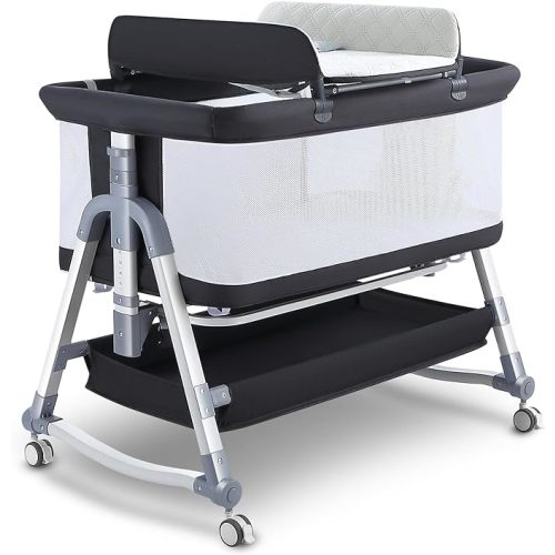 Uuoeebb 4 in 1 Bedside Bassinet for Baby, Portable Baby Bassinet with Wheels, Baby Crib with Changing Station, Mattress Included and Storage, Foldable Travel Bassinet for Baby/Infant/Newborn - Mesh - Black-all Mesh
