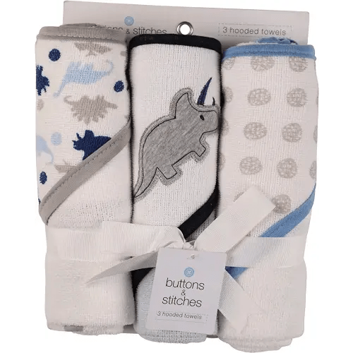 Cudlie Buttons and Stitches Baby Boys 3 Pack Infant Hooded Towel, Triceratops Prints (GS71365)