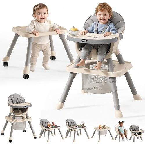 9-in-1 Convertible Baby High Chair for 6 Months to 8 Years, Grow-with-Me Highchair for Toddlers and Infants with 5-Point Safety Harness, Lockable Wheels, Adjustable Removable Tray, BPA-Free (Grey)