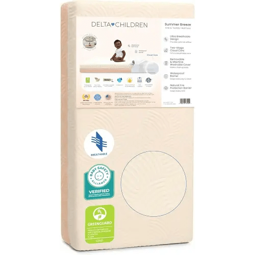 Delta Children Summer Breeze Mattress - Breathable Baby Crib & Toddler Mattress with Cloud Core - Machine Washable Cover - GREENGUARD Gold – Waterproof - Sustainably Sourced Core, Apricot/White