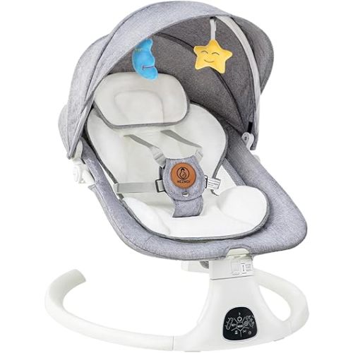 Baby Swing for Infants & Toddlers, Electric Bouncer with Remote Control, 3 Seat Positions, 5 Speeds, 5-Point Harness, Grey