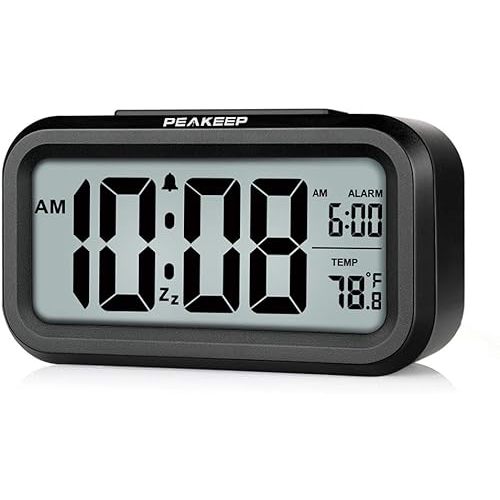 Peakeep Night Light Digital Alarm Clock Battery Operated with Indoor Temperature, Desk Small Clock (Black)