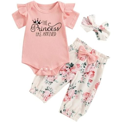 Mubineo Baby Girl Clothes The Princess Has Arrived Newborn Outfits Ruffle Short Sleeve Romper Floral Pant Set Outfit