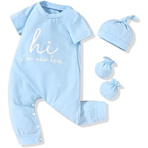 HINTINA Newborn Baby Boy Romper Coming Home Outfits Letter Printed Jumpsuit Hat Glove Outfits