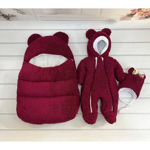 Newborn outfit marsala baby set. Baby fur teddy romper, sleeping bag newborn, newborn hat