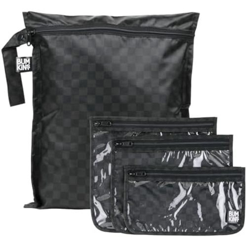 Bumkins Waterproof Wet Bag and Packing Pouches, TSA Airline Compliant, Pack for Baby, Travel, Swim Suit, Cloth Diapers, Pump Parts, Pool, Gym Clothes, Toiletry, Daycare, Zip Bag, 4-pc Set Black Check