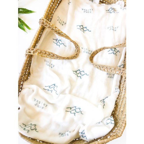 Printed IN HAWAII Personalized Ocean Wave Baby Blanket, 100% Bamboo Baby Name Swaddle, Surfer & Ocean Nursery Decor, Name or Gender Prop
