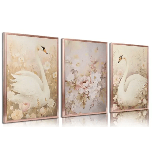 3pcs Nursery Swan Canvas Wall Art Pink Swan Flowers Posters Prints Girl Kid Animal Wall Decor Pictures For Living Room Bedroom Girls Room Decoration Unframed