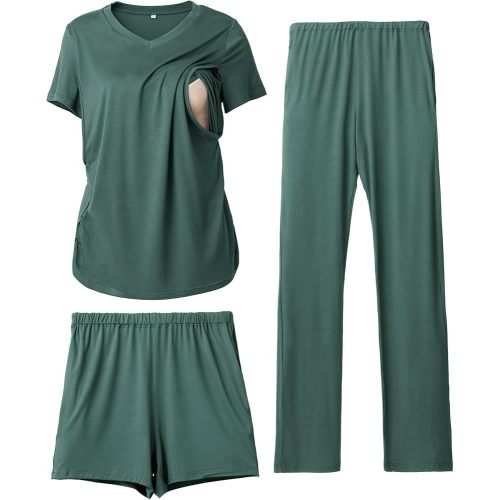 Rnxrbb 3 Piece Women's Maternity Nursing Pajamas Set V Neck Breastfeeding Pjs Sleepwear Postpartum Shorts&Pants Pockets,Teal L