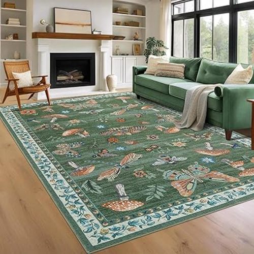 Mushroom Washable 8x10 Rug for Living Room Non Slip 8 x 10 Rug for Bedroom with Rubber Back Soft Low-Pile Stain Resistant Foldable Large Carpet for Office Nursery Dining Room Green