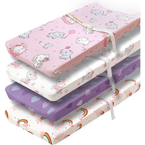 4 Pack Baby Girl Changing Pad Covers Sheets Set Soft Fitted Floral or Elephant Theme Baby Girl Mattress Covers Breathable Toddler Bed Sheets for Infant or Newborn Girls (Elephant, Changing Pad Covers)