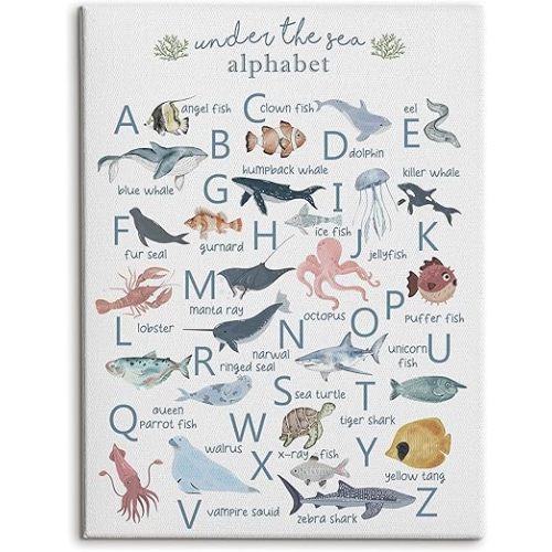HRQKO Ocean Nursery Alphabet Canvas Wall Art, Under the Sea Ocean Animals Framed Art, Alphabet Educational Posters Wall Decor for Classroom Toddler Kids Nursery Bedroom Playroom, 11x14 inch